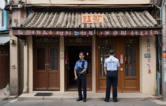 Two Korean policemen stand outside a Thai massage parlor, overseeing compliance.
