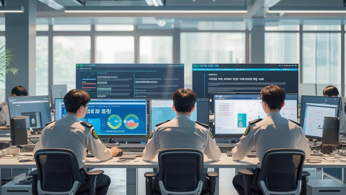 South Korean cybercrime officers analyze website addresses on multiple monitors in office.