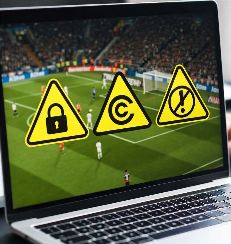 live football match on smartphone with warning copyright risks.